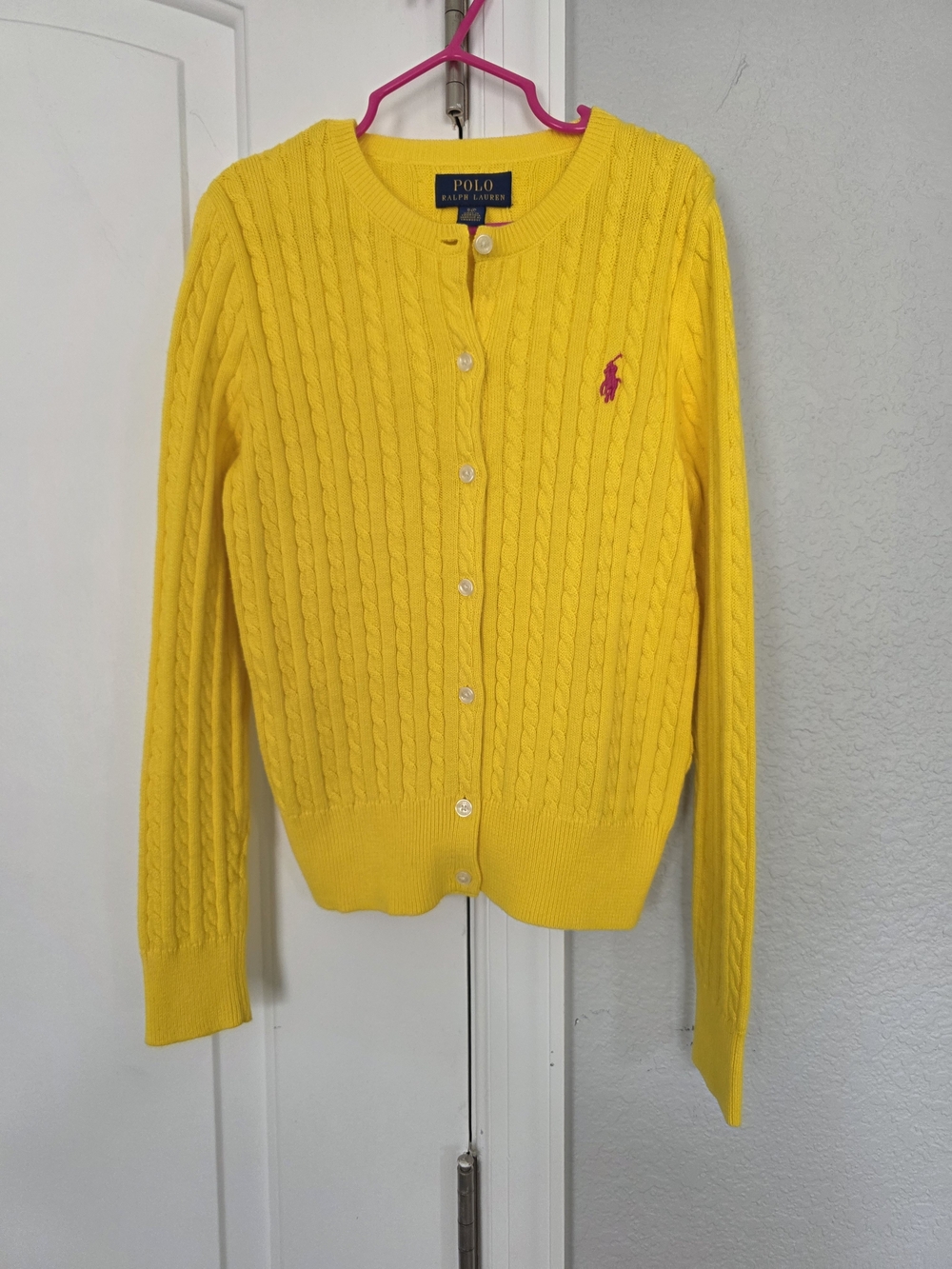Polo by Ralph Lauren Bright Yellow Cable-Knit Cardigan with Pink Pony
